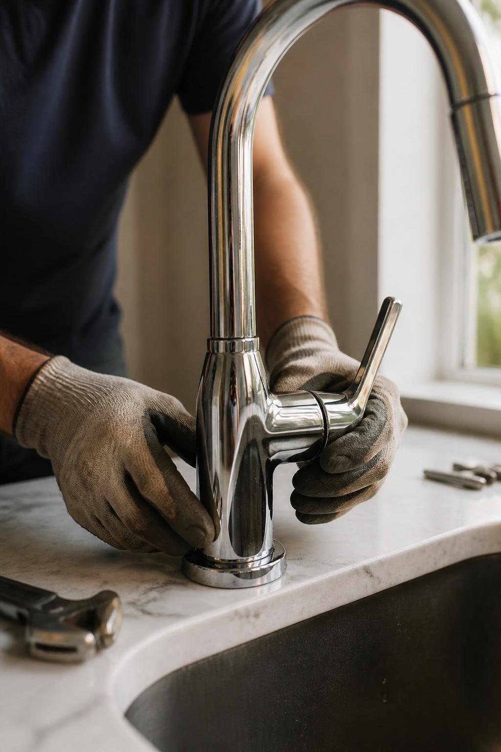 Chrome kitchen faucet installation on quartz countertop