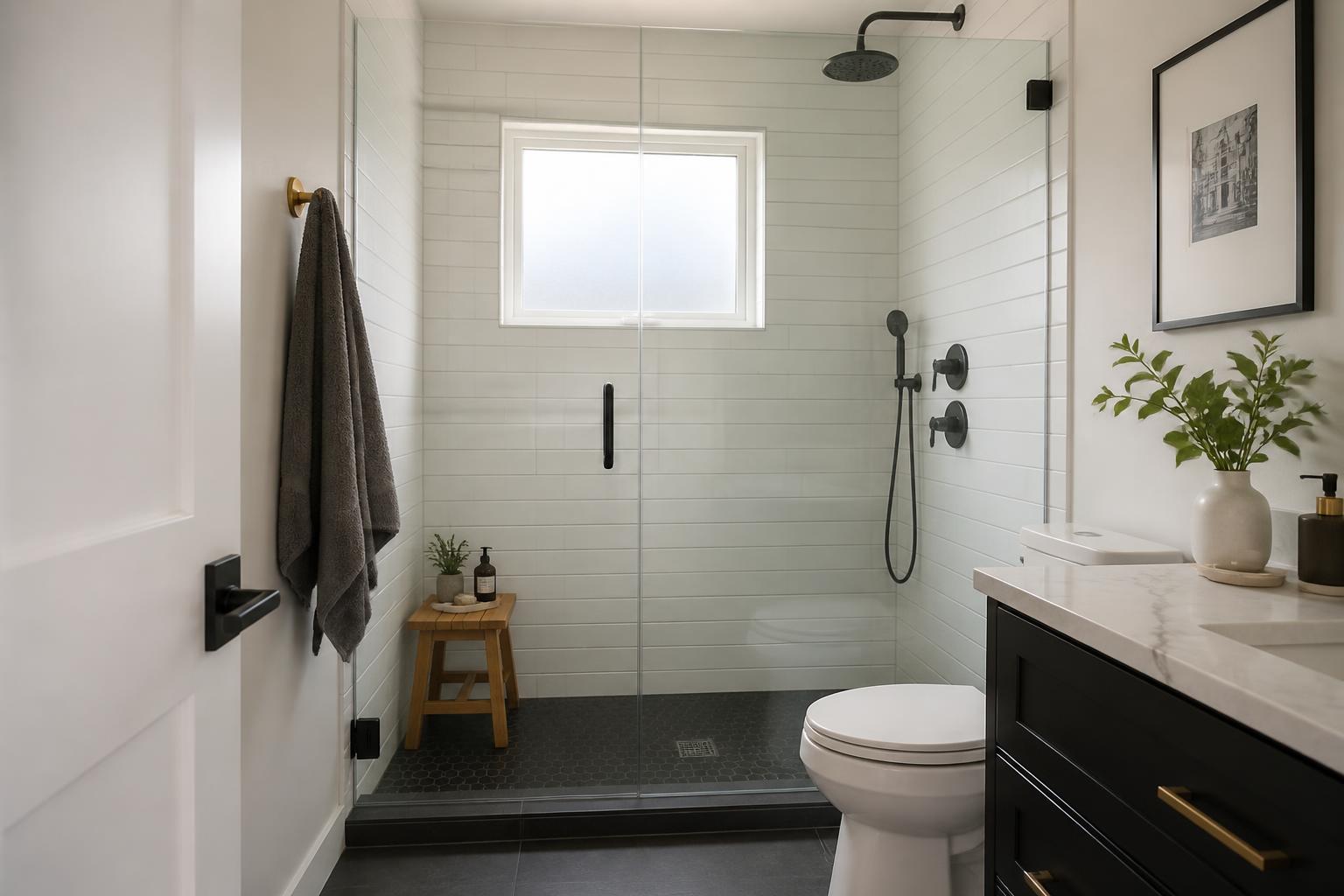 Completed modern bathroom renovation with walk-in shower