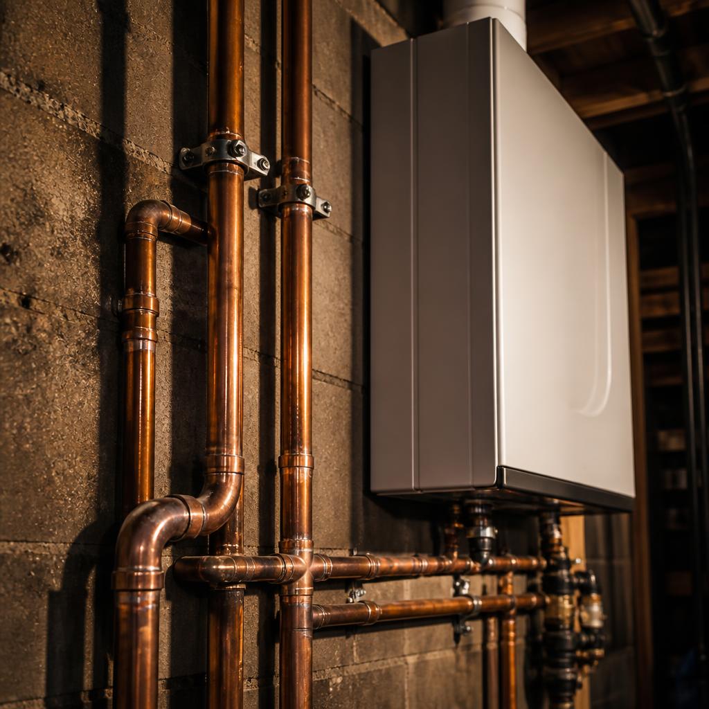 Soldered copper pipes feeding a tankless water heater